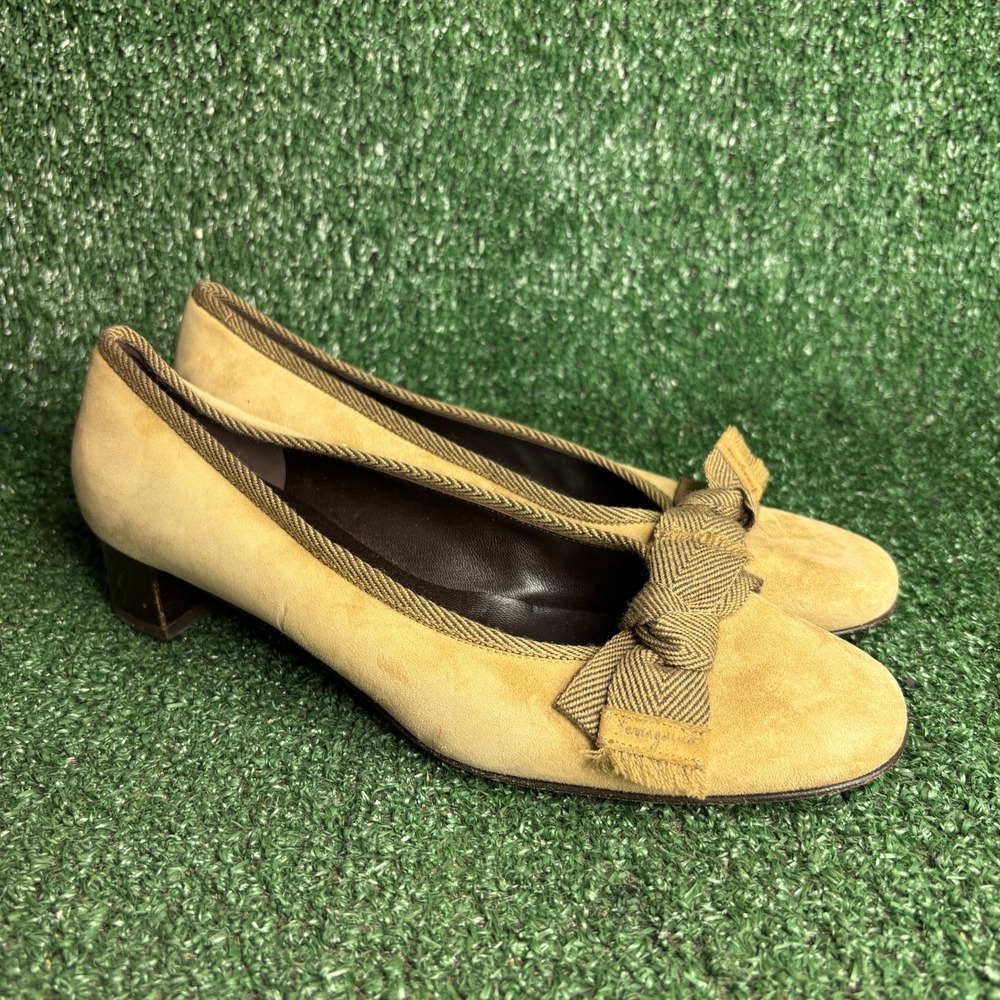 Salvatore Ferragamo Boutique Suede Bow Low Block Heel Pumps Tan Women Size 7.5 B